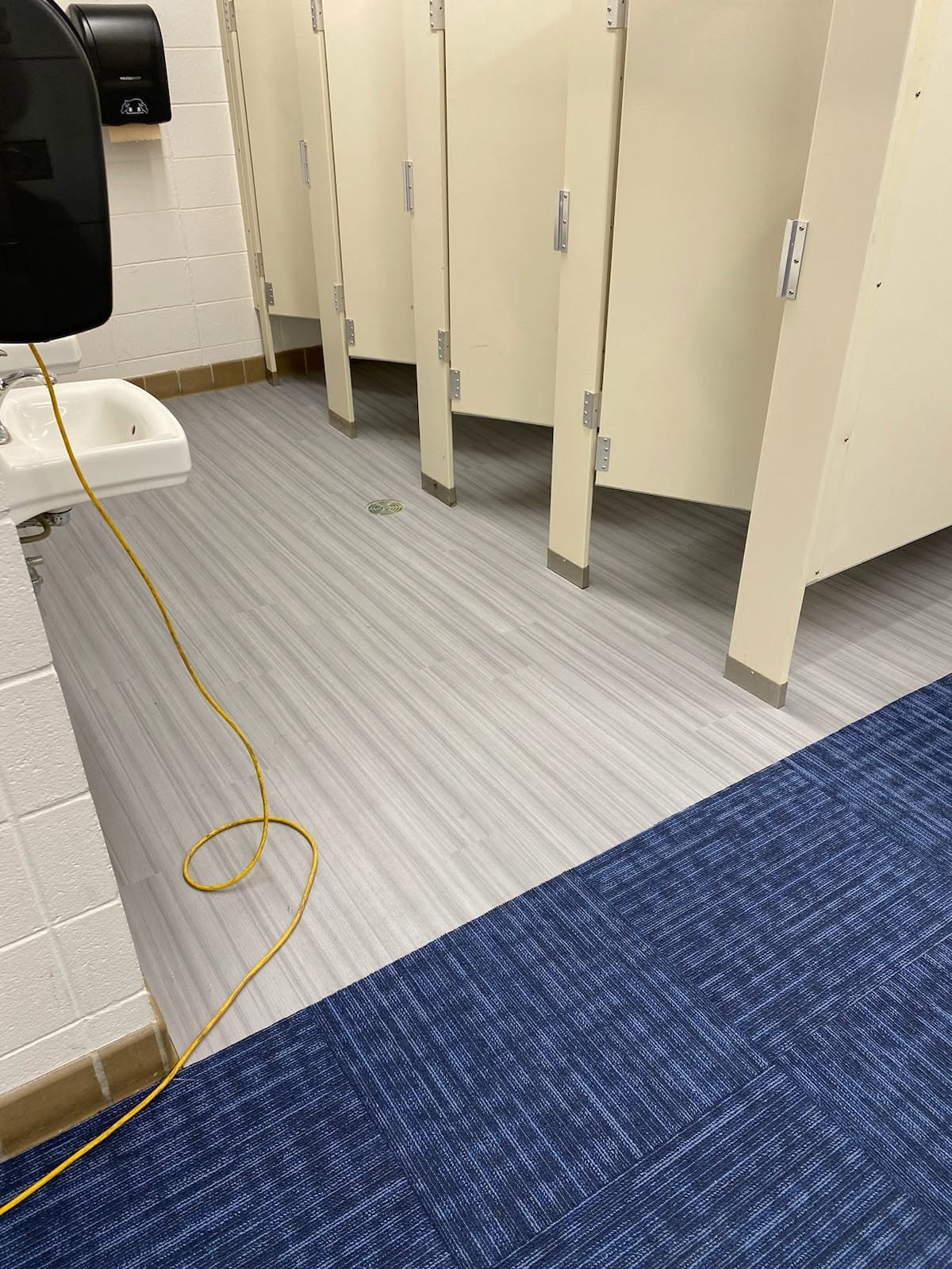 Gray plank flooring in a commercial restroom with stalls, meeting blue carpet tile at the entrance